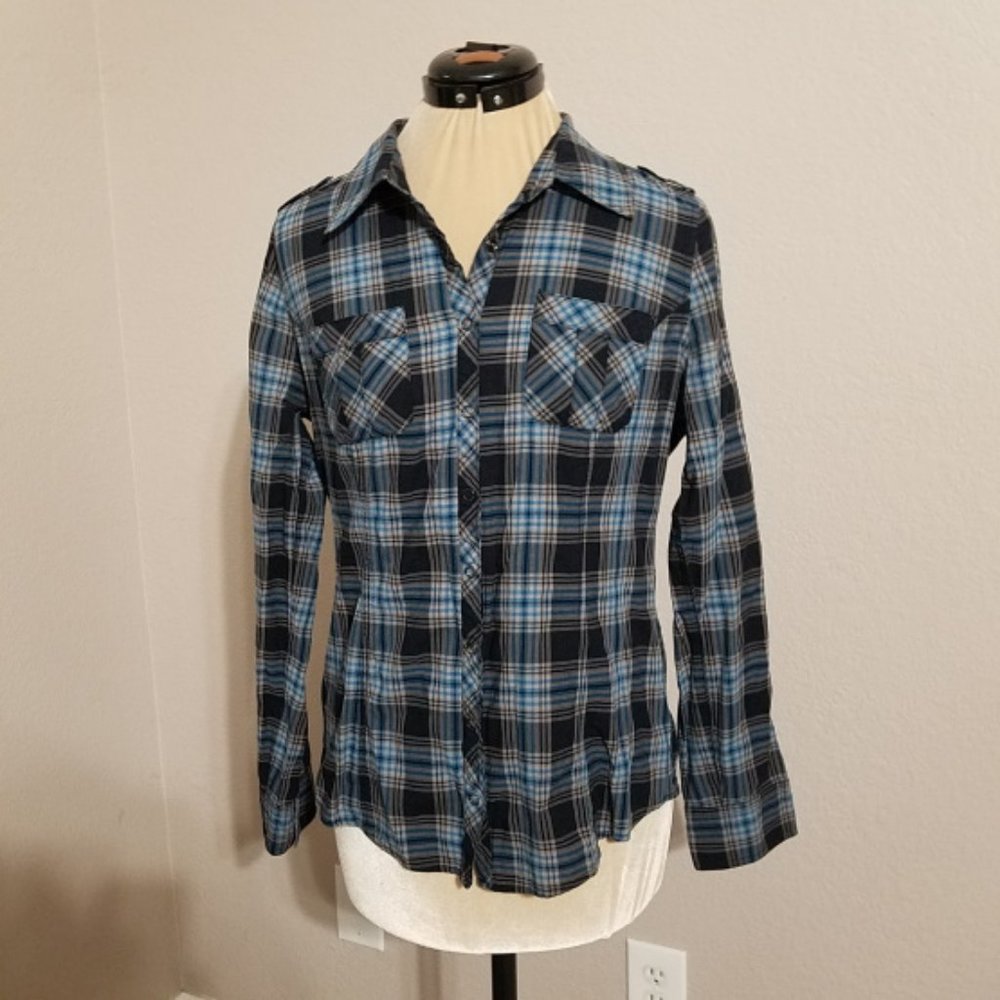 ANCHOR BLUE Girls Long Sleeve 100% Cotton Blue Plaid Shirt, Size L